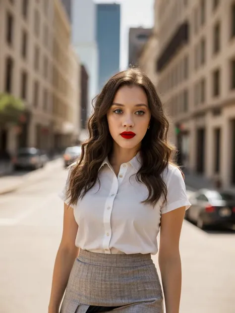 Realistic photo of a beautiful k4td3n woman, 1girl,solo,long hair,looking at viewer,skirt,simple background,brown hair,shirt,black hair,standing,white shirt,short sleeves,cowboy shot,black skirt,grey background,ascot,makeup,lipstick,pencil skirt,realistic,...