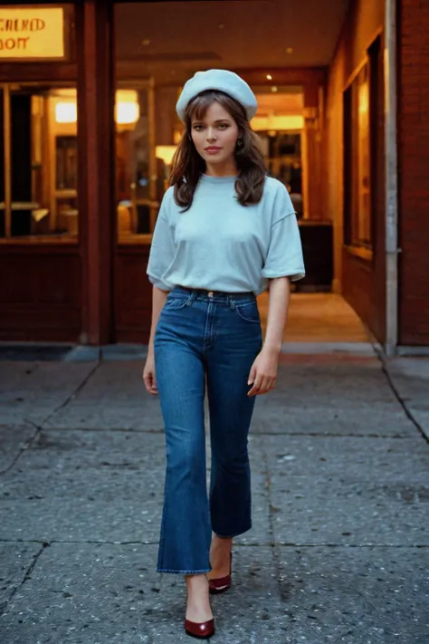 analog film photo solo, realistic, ((european woman)), (((strawberry blonde pompadour, and deep burgundy woolen beret))), (((smile512))), (((denim bell-bottom pants with wide flared legs):1.3)), ((70s style t-shirt shop, racks filled with tie-dye and band ...