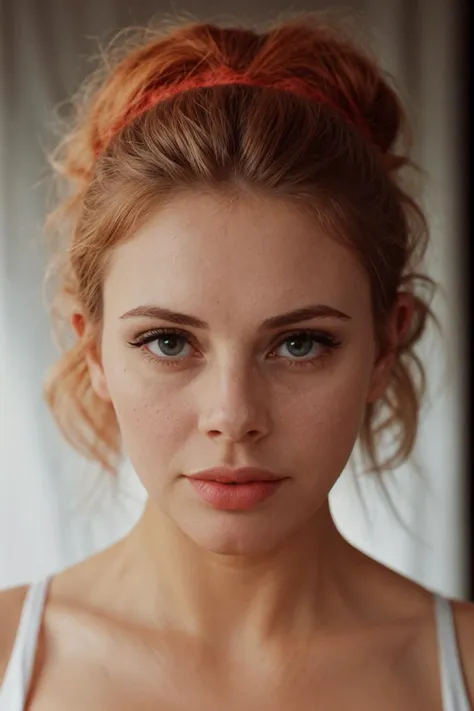 a close up of a woman with a red hair and a white tank top