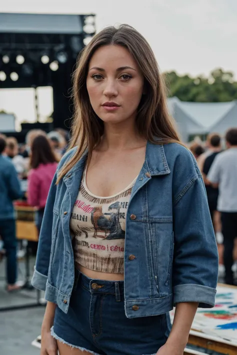 a woman in denim shorts and a crop top standing in front of a crowd