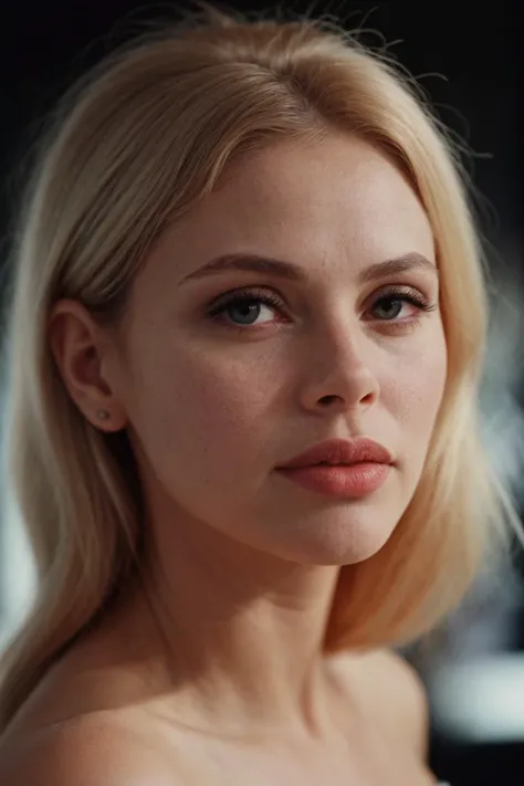 a close up of a woman with blonde hair and a white dress