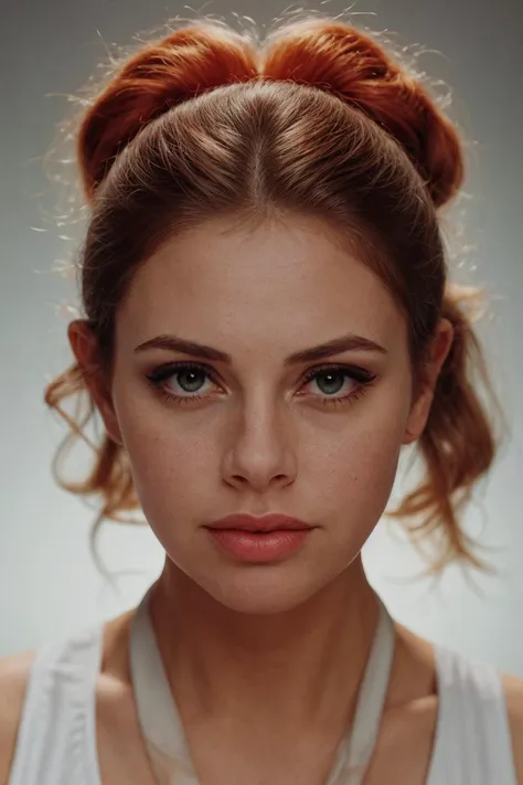 a close up of a woman with a messy bun in her hair