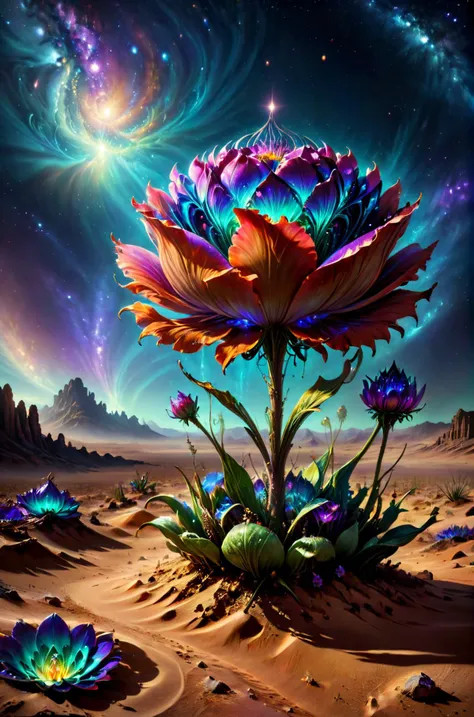 a flower in the desert with a galaxy in the background