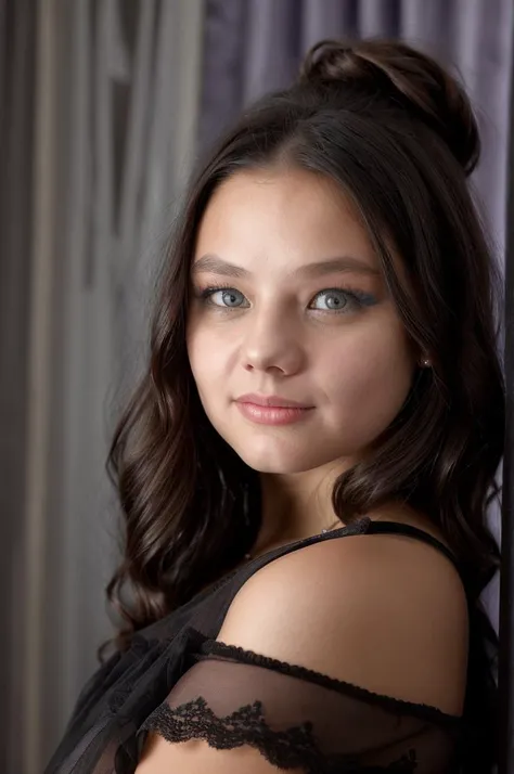 a close up of a woman in a black dress posing for a picture