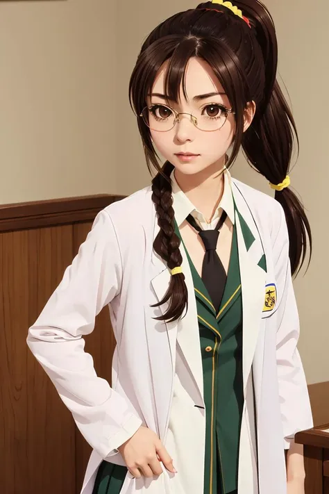 anime girl in a white lab coat and green skirt posing for a picture