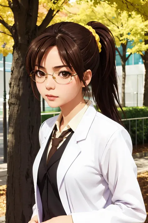 anime girl with ponytail and glasses standing in front of a tree