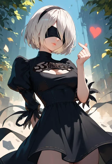 score_9, score_8_up, score_7_up, 1girl finger heart, yorha no. 2 type b, black blindfold, arm behind back, black dress
<lora:fin...