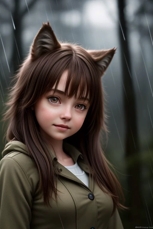 a woman with a cat ear and a green jacket