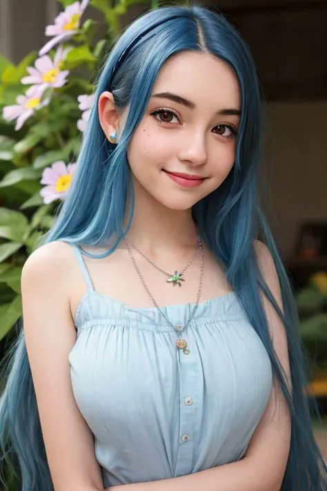 a woman with blue hair and a blue dress posing for a picture