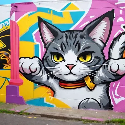 Graffiti style cat, . Street art, vibrant, urban, detailed, tag, mural