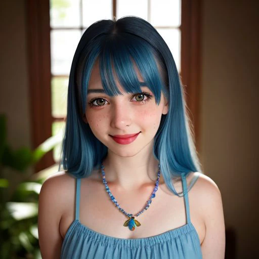 a close up of a woman with blue hair and a necklace