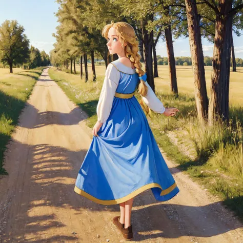 masterpiece,high quality,absurdres,<lora:princess_calla_v1:0.6>,princess calla,blue dress,single braid,white long sleeves,walking down a dirt road,dirt road,trees,grass,gummy bears,looking at viewer,