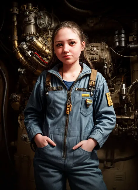 arafed woman in a blue coverall standing in front of a machine