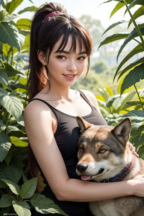 araffe woman holding a dog in a field of green plants