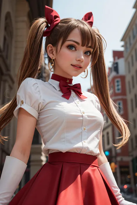 a close up of a woman in a red skirt and white shirt