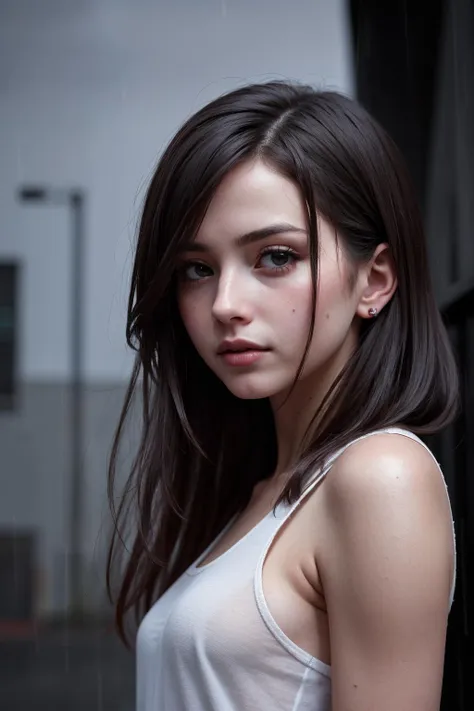 a close up of a woman with long hair wearing a white tank top