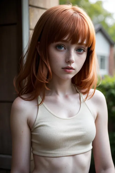 a close up of a woman with red hair and a tan top