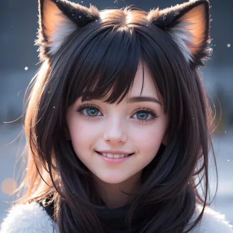 a close up of a young girl with long hair wearing a cat ears