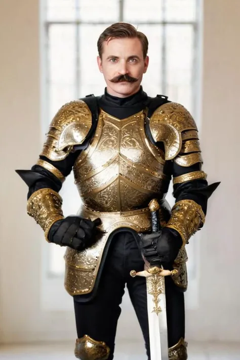 Photo-realistic high resolution photography of simple white background, full body view of a man with a mustache wearing <lora:gothic armor:0.8> gilded black full plate gothic armor, holding a big long sword with both hands, bokeh, LDSR, Depth of Field, Ove...