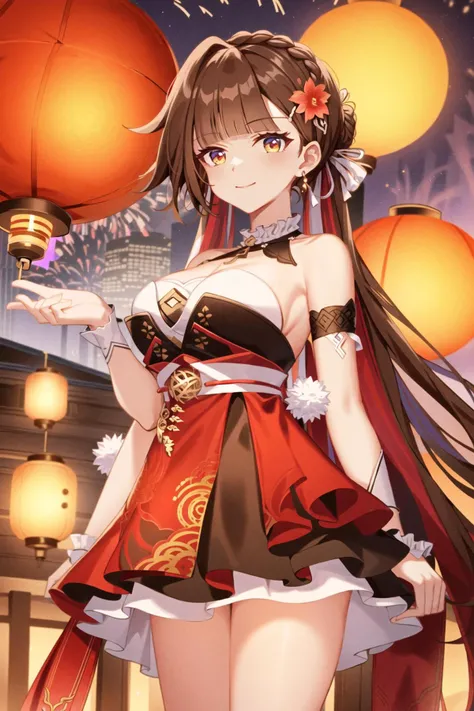 masterpiece, best quality, soft lighting, absurdres, looking at viewer, solo, official alternate hairstyle, li sushang, li sushang (auspicious dazzle), official alternate costume, red flower, alternate hairstyle, official alternate hairstyle, multicolored ...