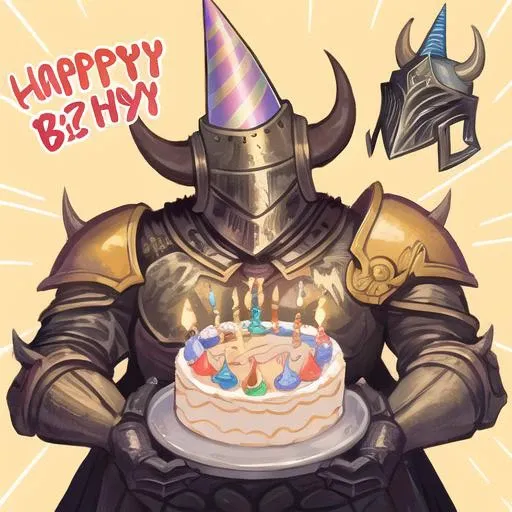 chaos warrior, (masterpiece), absurdres, (absurdly detailed:1.1), undivided, 2D, solo, best quality, <lora:chaoswarrior:0.8>, (party hat:1.2), (birthday:1.2), (happy), (helmet), boys only