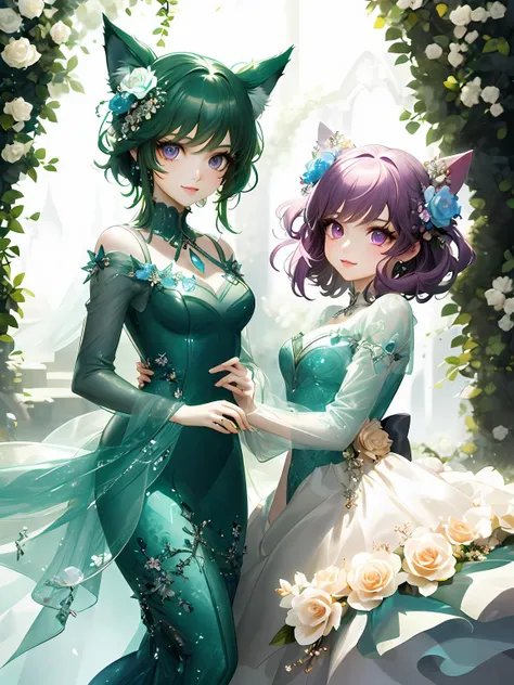 2 KAWAII cat girls. flower garden, Bluesky,  smile.  emerald outfit. historical fantasy.
highlights hair, hair 
Short hair, 
purple eyes eye,  detailed eyes.
best quality. ultra detailed. . <lora:emerald-gem-style-darquelilly-v2:1> emeraldgemstyle.   flowe...