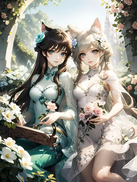 2 KAWAII cat girls. flower garden, Bluesky,  smile.  emerald outfit. high fantasy.
light brown hair, hair 
Long hair, 
grey eyes eye,  detailed eyes.
best quality. ultra detailed. . <lora:emerald-gem-style-darquelilly-v2:1> emeraldgemstyle.   flower_style