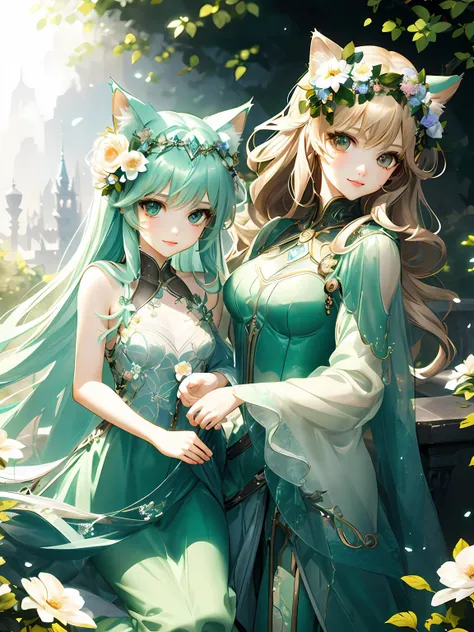 2 KAWAII cat girls. flower garden, Bluesky,  smile.  emerald outfit. heroic fantasy.
blond hair, hair 
Extra Long hair, 
brown eyes eye,  detailed eyes.
best quality. ultra detailed. . <lora:emerald-gem-style-darquelilly-v2:1> emeraldgemstyle.   flower_sty...