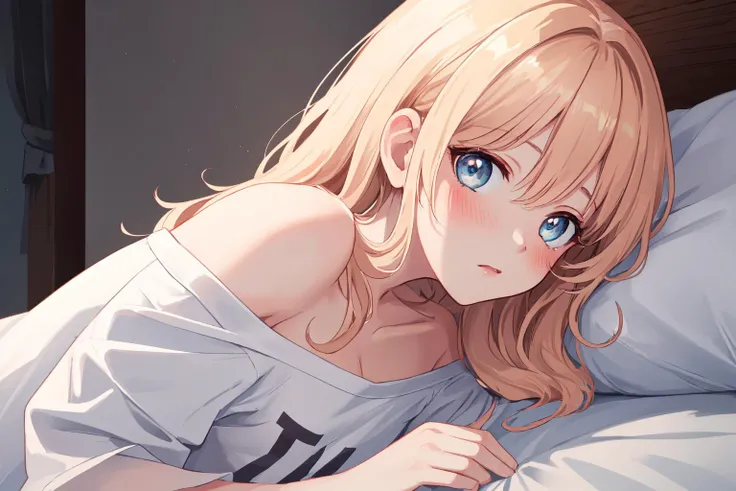 1girl, blush, 
(oversized shirt:1.2), white shirt, off shoulder, 
lying, bed, side view, looking at viewer, 
((masterpiece)), (((best quality))), highly detailed,extremely detailed CG unity 8k wallpaper, illustration, highres,absurdres, beautiful detailed ...