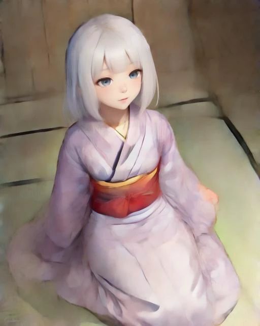 <lora:1girl:0.8> 1girl, kimono, tatami, 96 years old woman white hair aged up