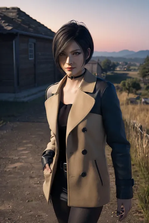 arafed woman in a trench coat walking down a dirt road