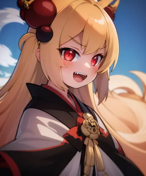 <lora:Shirogane-NAI-LyCORIS-768px:0.8>
a portrait of a smug kitsune, long blonde hair, red eyes, :D, fangs, v-shaped_eyebrows, hair_bobbles