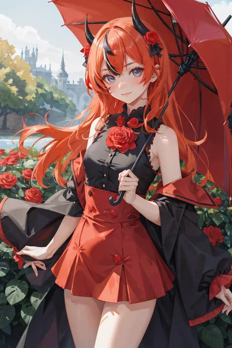 anime girl with red hair and black dress holding an umbrella