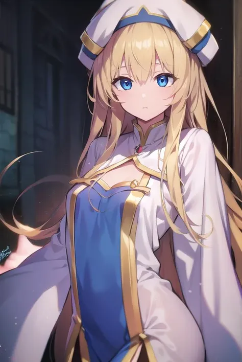 priestess, <lyco:priestess-LYCORIStest:1>, priestess, blonde hair, blue eyes, long hair, hat, (small breast:1.2),
BREAK ,
BREAK looking at viewer,
BREAK city,
BREAK <lora:GoodHands-vanilla:1>, (masterpiece:1.2), best quality, high resolution, unity 8k wall...