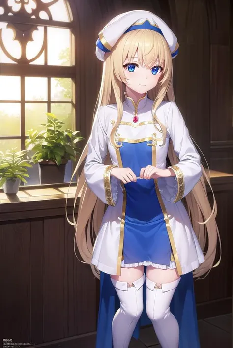 priestess, <lyco:priestess-lyco-nochekaiser:1>, 
priestess, blonde hair, blue eyes, long hair, hair between eyes, (small breast:1.2), smile,
BREAK boots, dress, frilled sleeves, frills, hat, white headwear, pelvic curtain, high heels, robe, thigh boots, th...