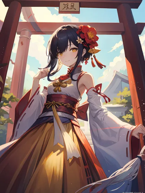 masterpiece,best quality,highres,cinematic lighting,dramatic angle,<lora:ShadowverseHualianV1-000012:0.8>  ,1girl,(hair ornament:1.3),black hair,miko,(hair flower:1.3),one eye covered,bangs,yellow eyes,orange dress,obi,chinese knot,detached sleeves,wide sl...