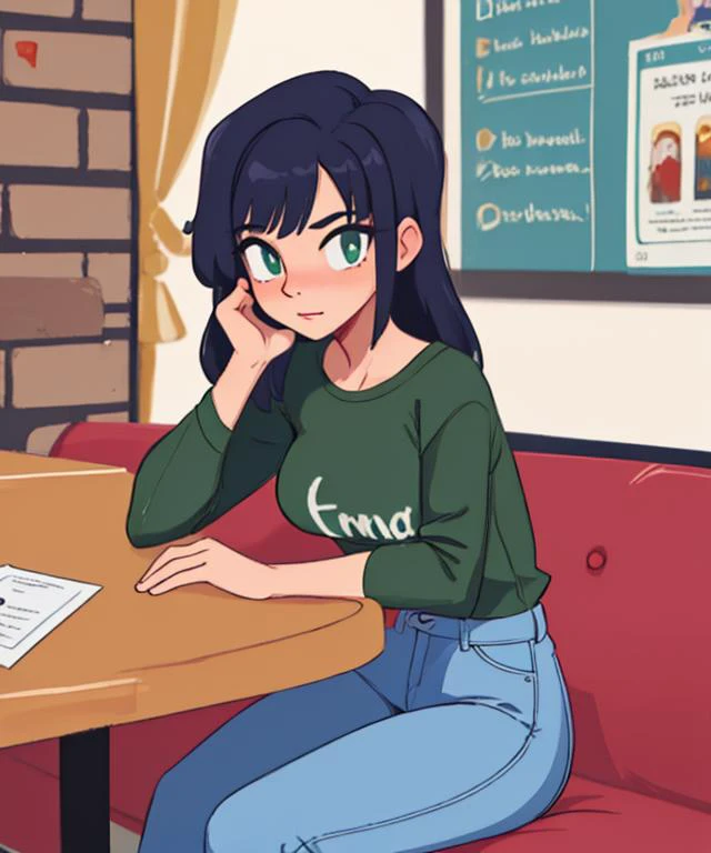 Masterpiece, best quality, amazing detail, absurdres, Illustration of 1girl, wearing green shirt and skinny jeans, sitting at cafe,  <lora:BrushlineV2:0.9>