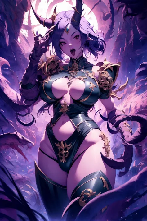 a woman in a sexy outfit with horns and horns on her chest