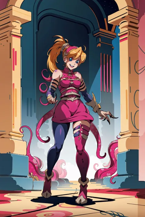 slaanesh,tentacles,armor,monster girl,1girl, ciel_megamanz,long hair,blonde hair,blue eyes,full body,skirt,pink clothes,ponytail,gloves,pantyhose,laughing,solo,tentacles,claws,in marble ruins,<lora:Ciel_MegaMan_Zero_V:0.65>, <lora:slaanesh:1.3>