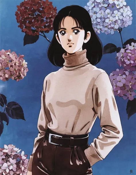 anime artwork, 1girl, Dressed in a luxe, cashmere turtleneck sweater paired with leather pants and a statement belt, 1980s style, brown eyes, by artist mitsuru adachi, framed by an intricate backdrop of hydrangea flowers in various shades of blue