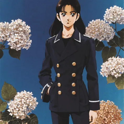 anime artwork, 1girl, Showcasing a stylish, military-inspired peacoat with brass buttons and tailored trousers, 1980s style, brown eyes, by artist mitsuru adachi, framed by an intricate backdrop of hydrangea flowers in various shades of blue