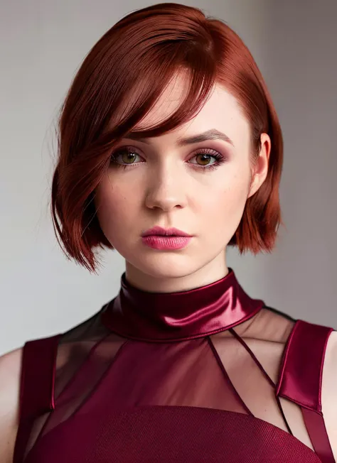 portrait of skswoman, enraged , wearing runway fashion , with burgundy Lob (long bob) , background spring epic (photo, studio lighting, hard light, sony a7, 50 mm, matte skin, pores, colors, hyperdetailed, hyperrealistic), <lyco:Karen Gillan:1.2>