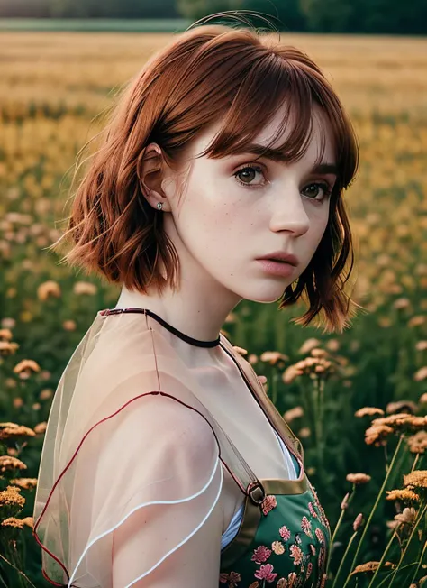 portrait of skswoman, :| , wearing organza , with copper French bob , background field of flowers epic (photo, studio lighting, hard light, sony a7, 50 mm, matte skin, pores, colors, hyperdetailed, hyperrealistic), <lyco:Karen Gillan:1.2>