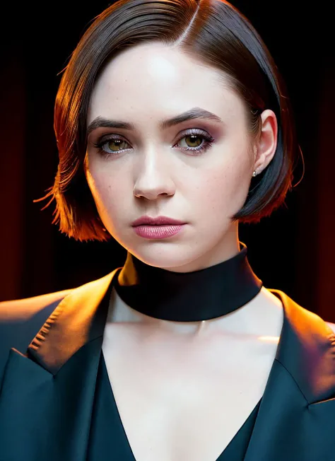 portrait of skswoman, :p , wearing formal wear , with black French bob , background dungeon epic (photo, studio lighting, hard light, sony a7, 50 mm, matte skin, pores, colors, hyperdetailed, hyperrealistic), <lyco:Karen Gillan:1.2>