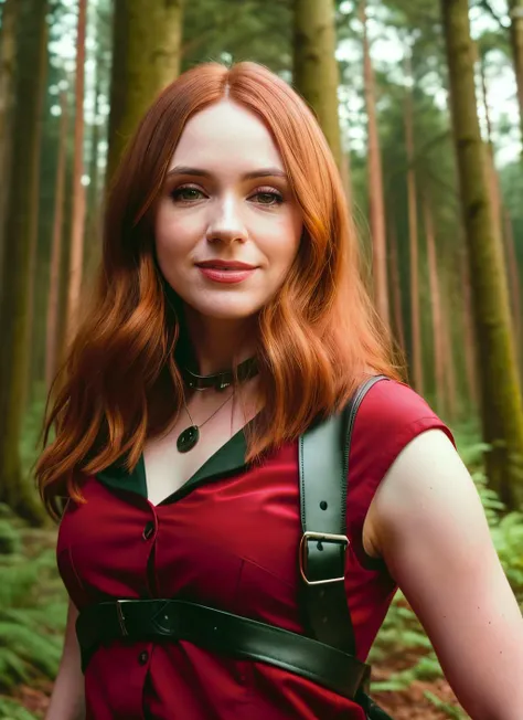 portrait of skswoman, smile, a woman in a red top with black leather standing in the woods with trees in the background and a forest behind her,  epic (photo, studio lighting, hard light, sony a7, 50 mm, matte skin, pores, colors, hyperdetailed, hyperreali...