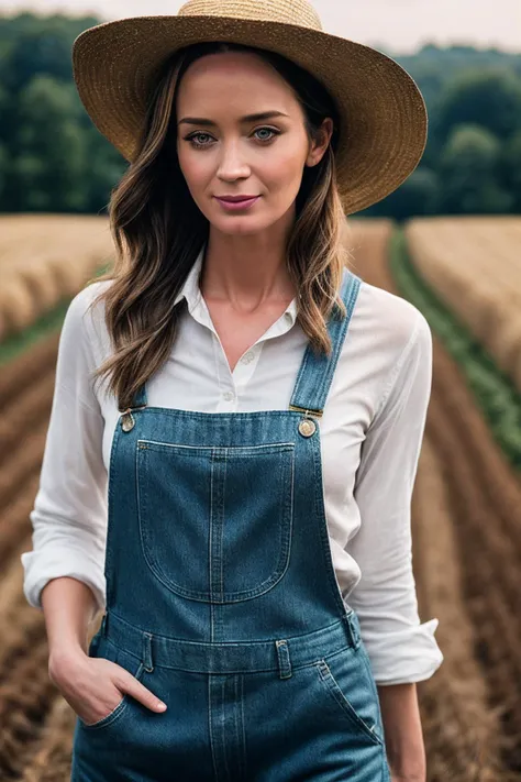 EmilyB_SoloTI_v1, 
(Dressed in a cozy plaid shirt paired with durable denim overalls and practical work boots, adorned with a straw hat and a bandana tied around her neck),
(Strolling through a charming countryside farmstead, with rows of vibrant crops str...