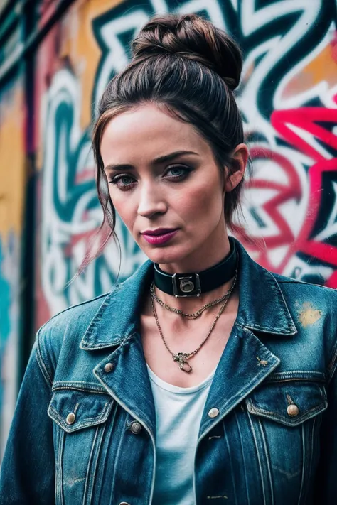 EmilyB_SoloTI_v1,
(Dressed in a fitted black blazer paired with distressed denim jeans and chunky boots, accessorized with edgy leather cuffs and a choker necklace, with a messy bun and smoky eye makeup),
(Exploring a gritty urban gallery, adorned with gra...