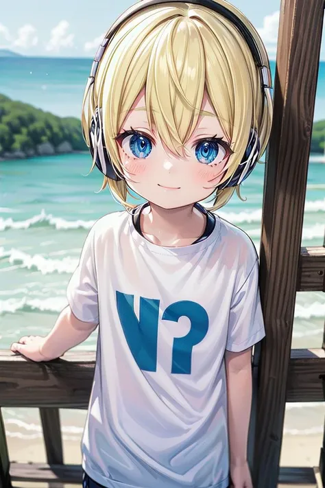 anime girl with headphones on standing on a wooden deck