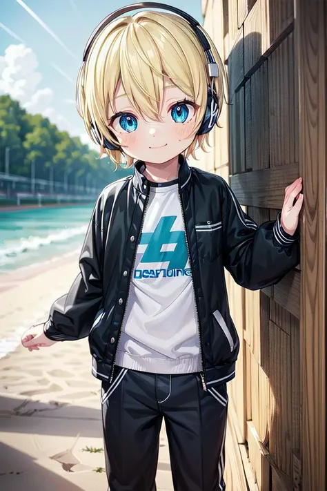 anime boy with headphones leaning against a wall by the beach