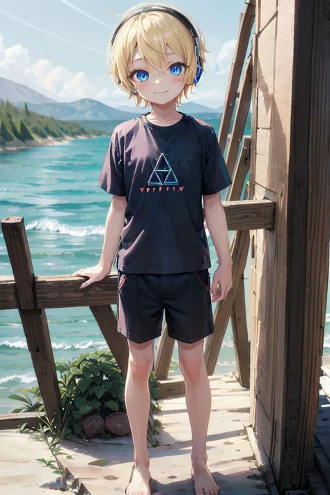 anime boy with headphones standing on a pier by the ocean